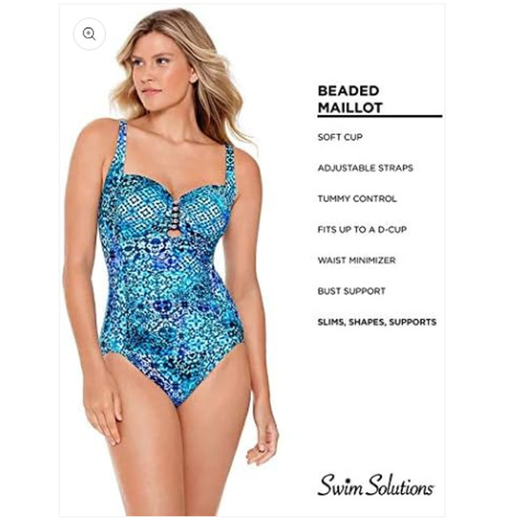 SWIM Solutions Beaded One Piece Blue Tummy Control Swimsuit 8 NWT - Picture 3 of 7